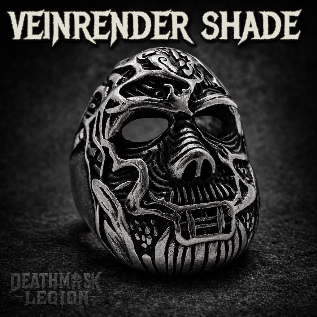 The Veinrender Shade mens gothic skull ring, carved vein detailing, 316L stainless steel biker jewelry, Deathmask Legion Outcast I of IV