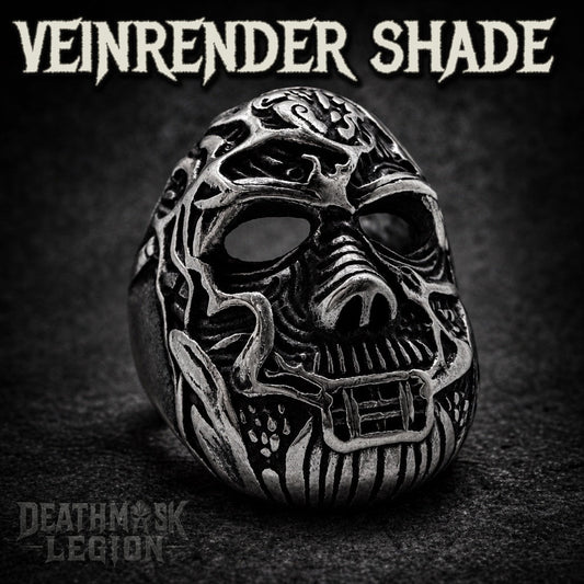 The Veinrender Shade mens gothic skull ring, carved vein detailing, 316L stainless steel biker jewelry, Deathmask Legion Outcast I of IV