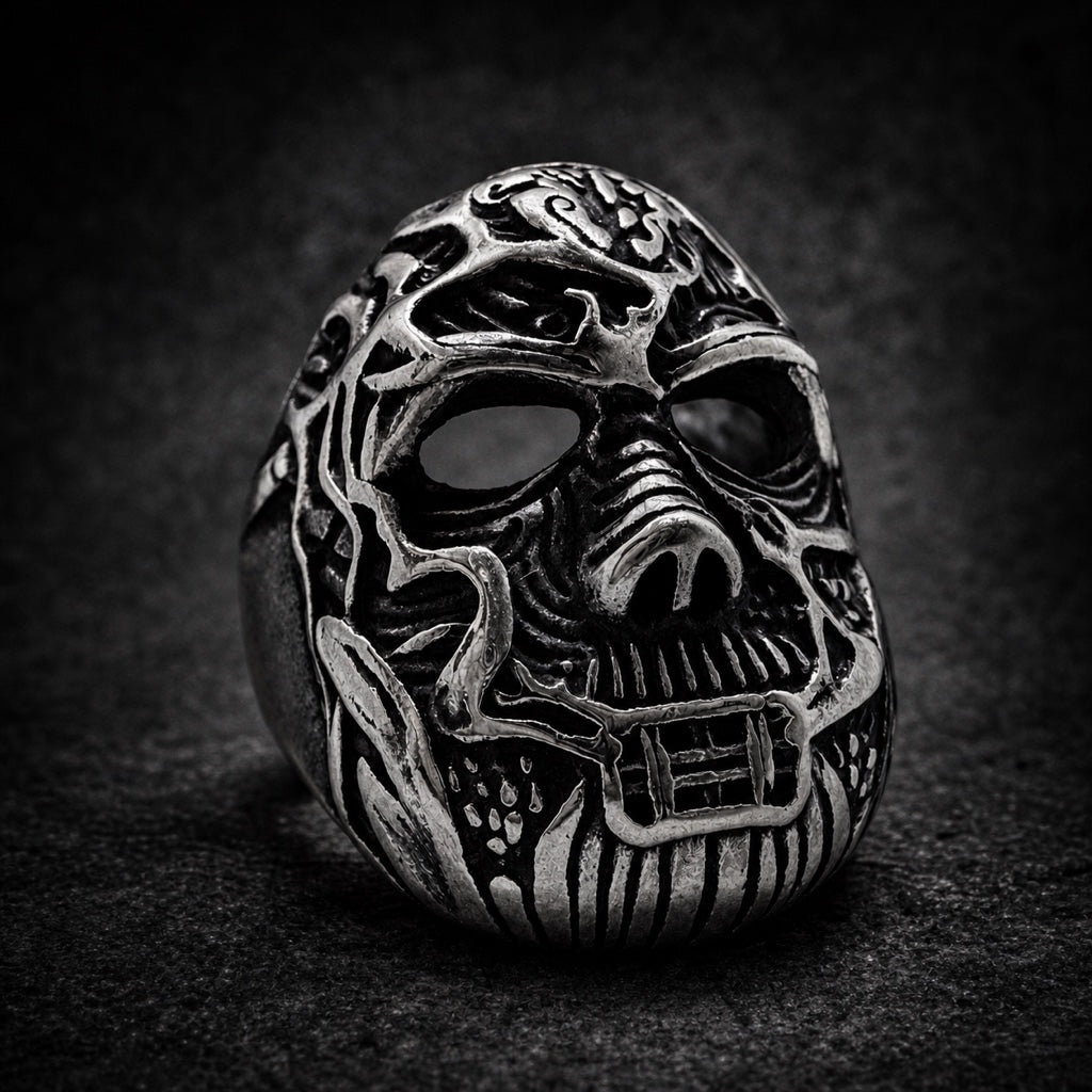The Veinrender Shade skull ring with carved vein detailing, 316L stainless steel, Deathmask Legion Outcast I of IV