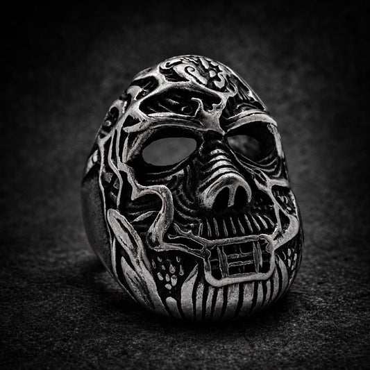 The Veinrender Shade skull ring with carved vein detailing, 316L stainless steel, Deathmask Legion Outcast I of IV