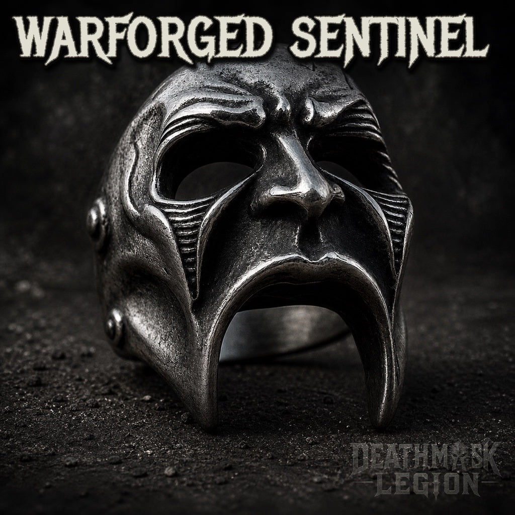 The Warforged Sentinel mens gothic skull ring, armored plated faceplate, 316L stainless steel biker jewelry, Deathmask Legion mask 5 of 8
