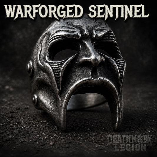The Warforged Sentinel mens gothic skull ring, armored plated faceplate, 316L stainless steel biker jewelry, Deathmask Legion mask 5 of 8