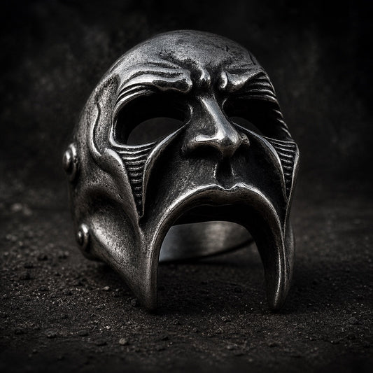 The Warforged Sentinel skull ring with armored plated faceplate, 316L stainless steel, Deathmask Legion mask 5 of 8
