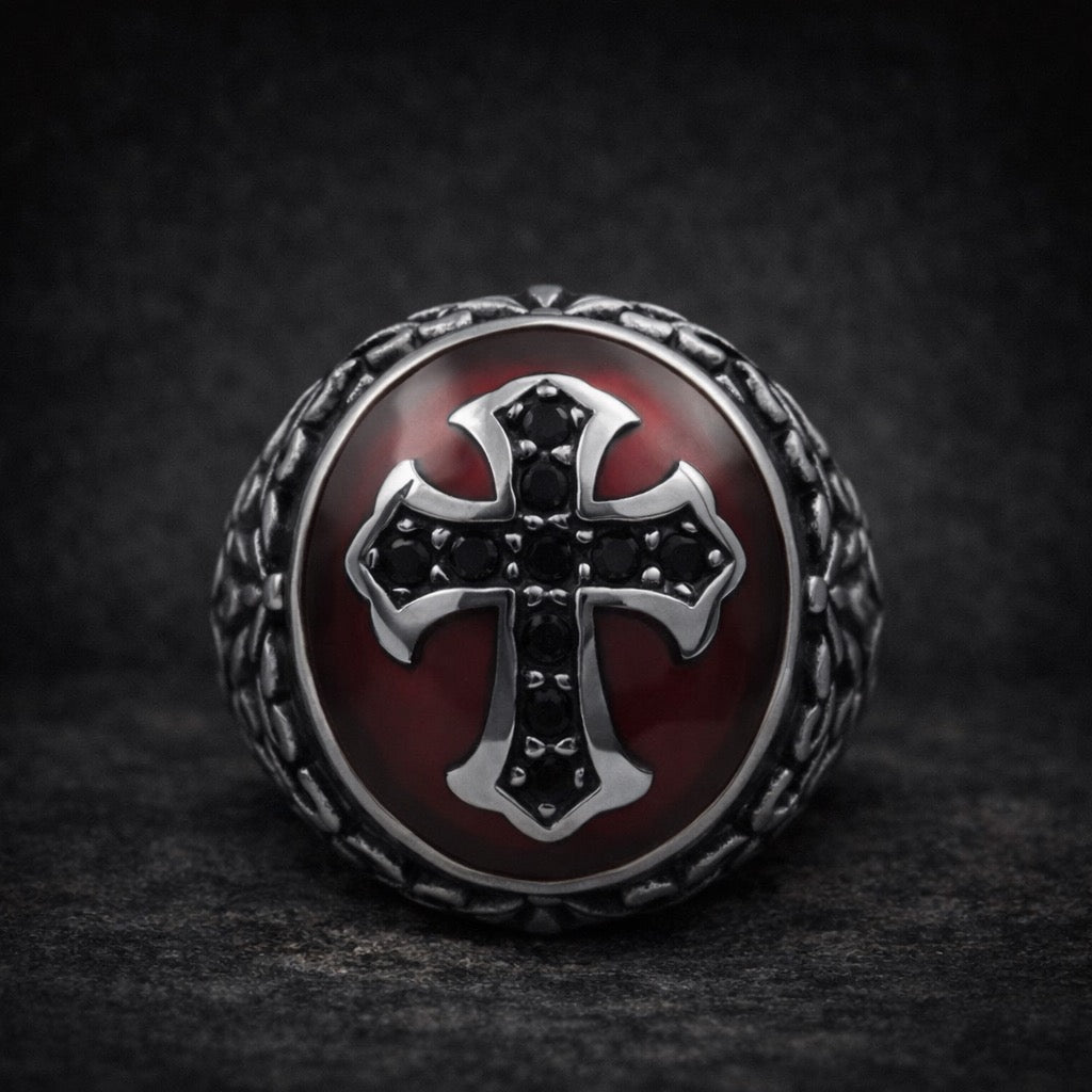 deau vult - god wills it ring with red background and black ziron stones