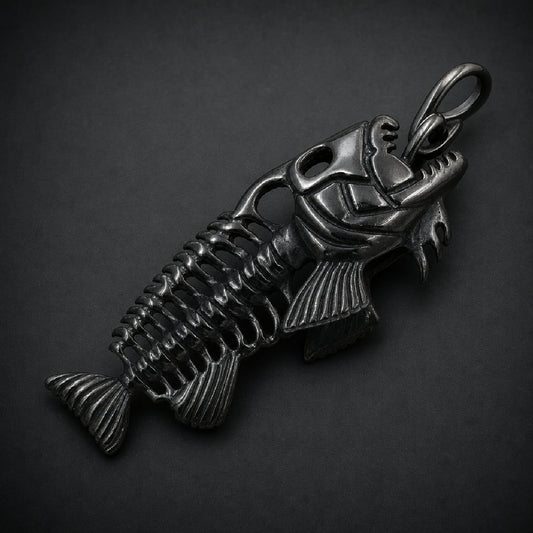 Black 316L stainless steel fish skeleton pendant with gaping jaws and needle teeth