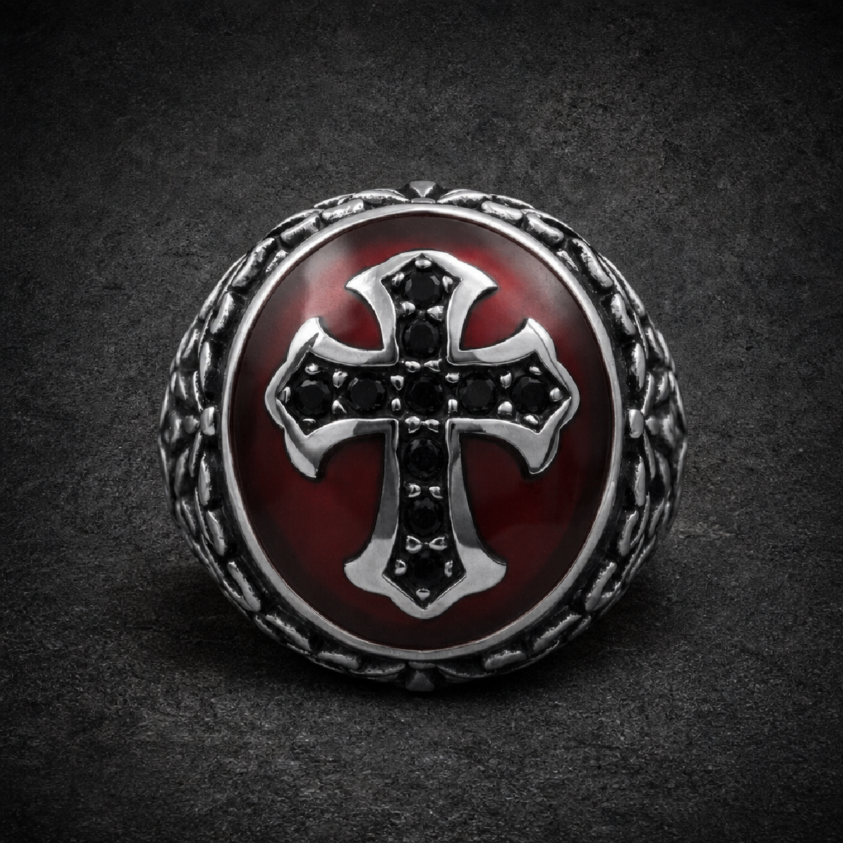 Deus Vult - 'God Wills It' Christian Crusaders Soldier' Ring w/BLACK Zircon Gemstones - 316L stainless steel unisex jewelr…