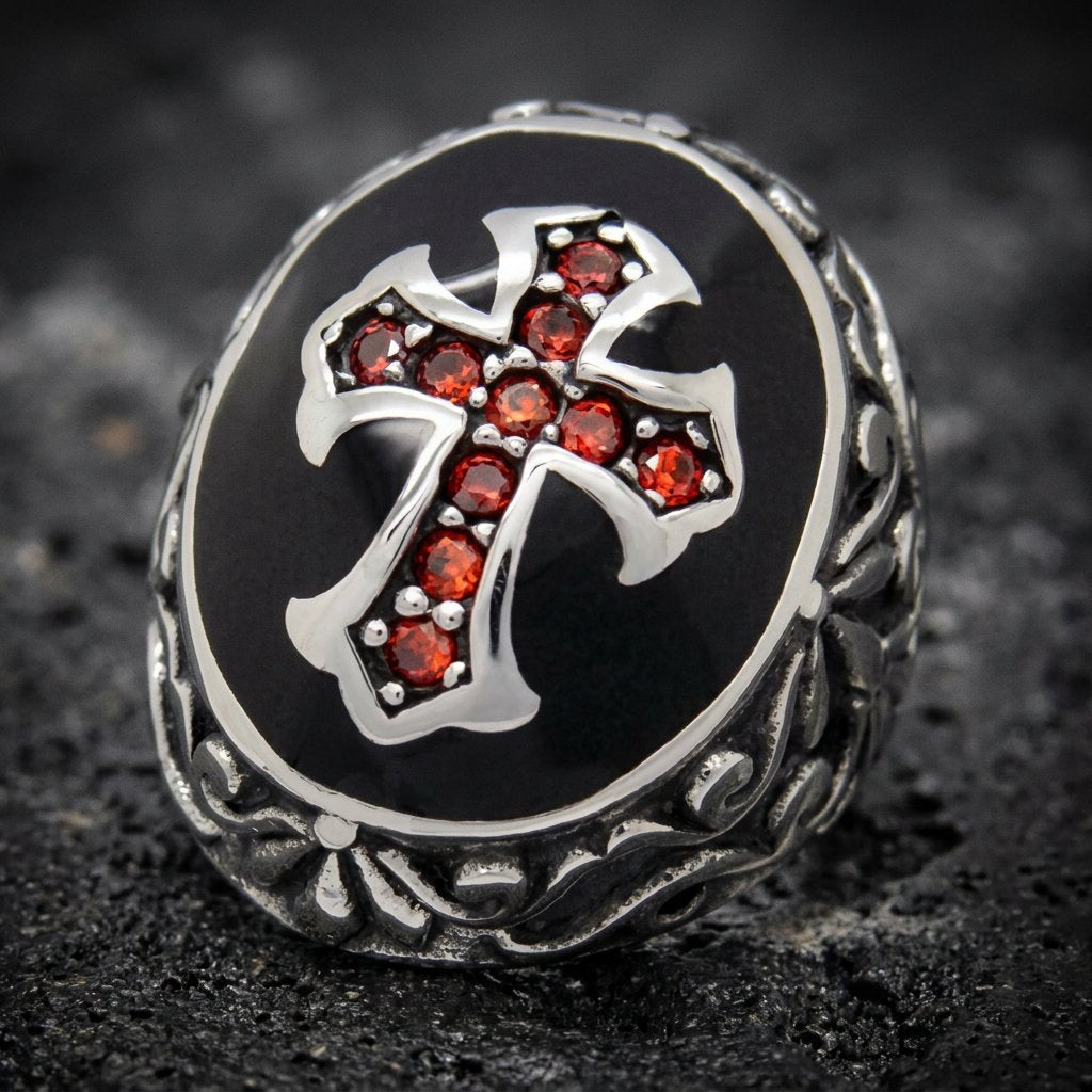 'Deus Vult!' - 'God Wills It' Christian Crusaders Soldier Ring w/Red Zircon Gemstones (#675)