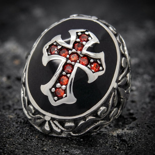 'Deus Vult!' - 'God Wills It' Christian Crusaders Soldier Ring w/Red Zircon Gemstones (#675)