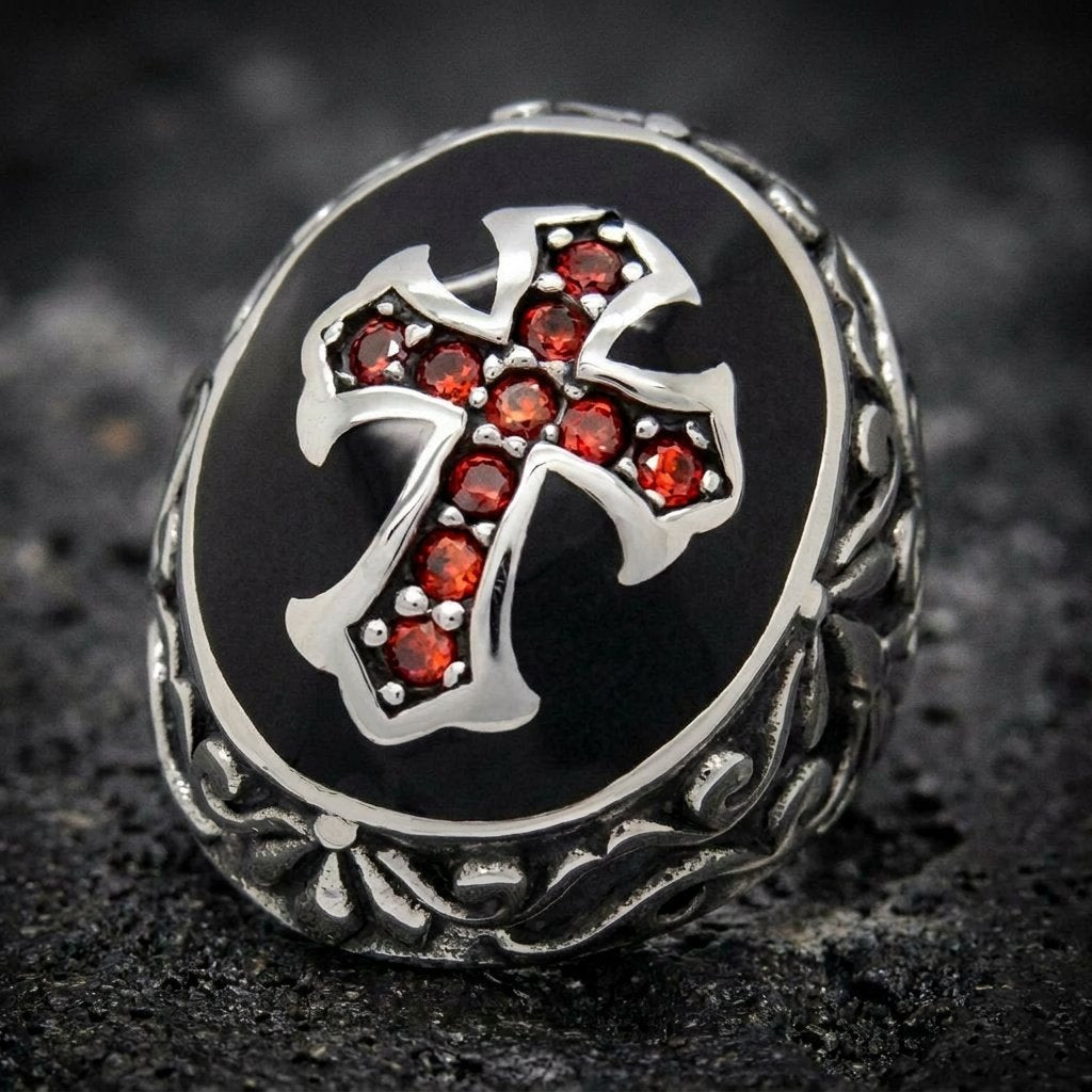 'Deus Vult!' - 'God Wills It' Christian Crusaders Soldier Ring w/Red Zircon Gemstones (#675)