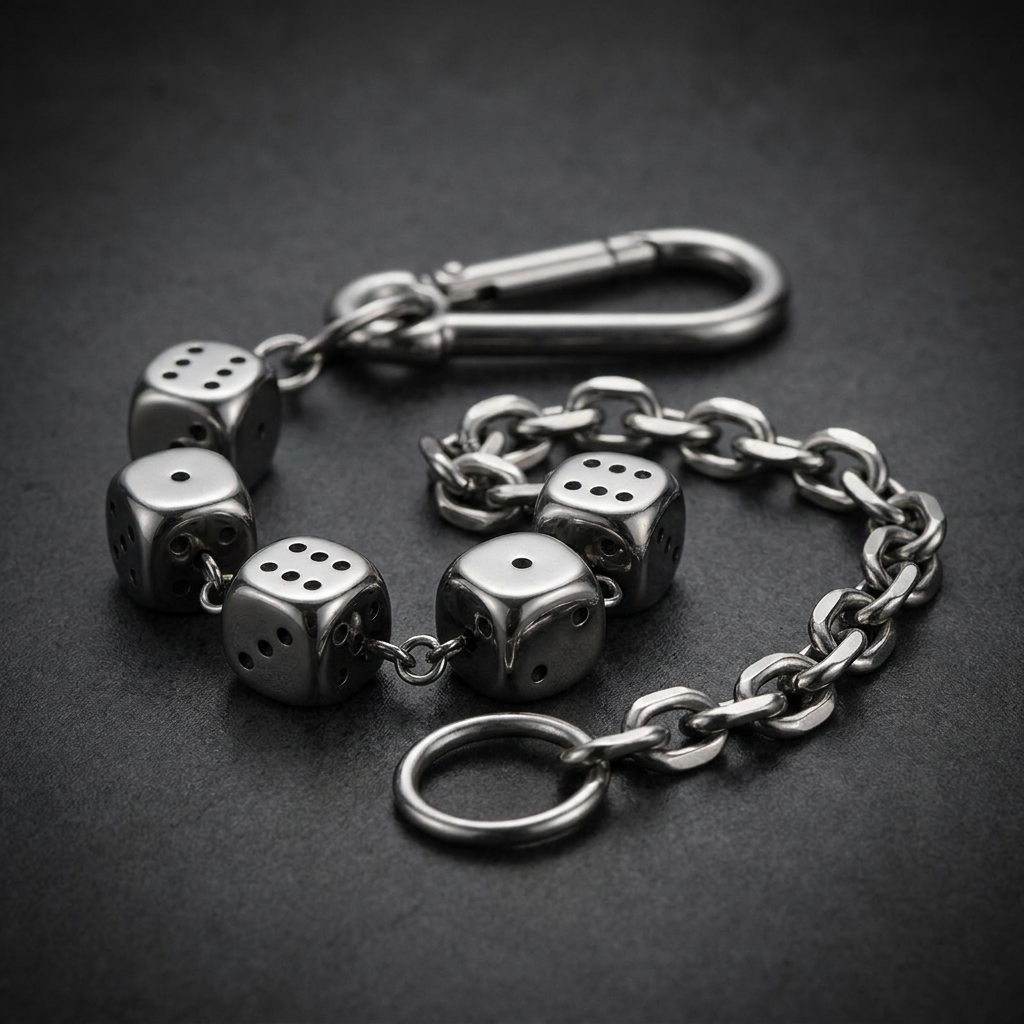 20 inch Dead Man's Roll wallet chain made of 316L stainless steel with skull and dice links, a heavy duty biker accessory.