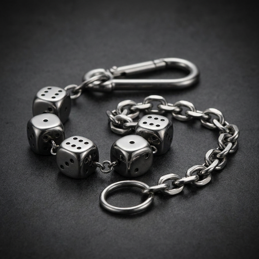 20 inch Dead Man's Roll wallet chain made of 316L stainless steel with skull and dice links, a heavy duty biker accessory.