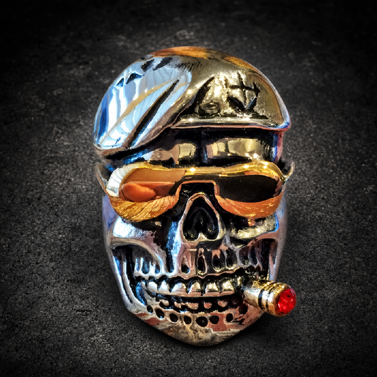 DON’T TREAD ON ME – DAMN YANKEES Skull Ring With Gold Sun Glasses & Cigar - 316L stainless steel unisex jewelry (R0568)