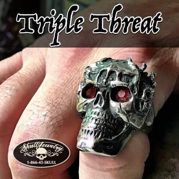 Stainless Steel Skull Ring w/Red Eyes