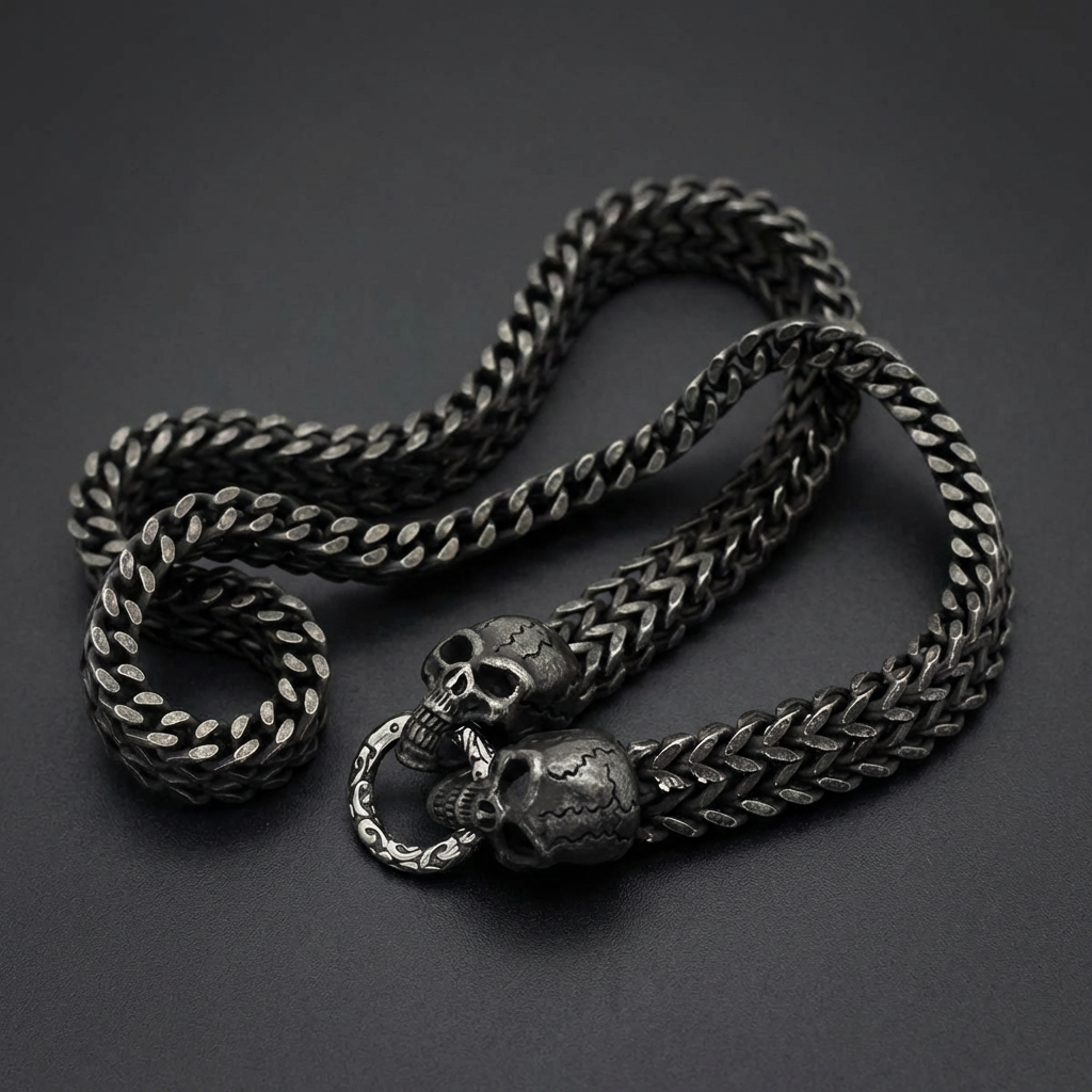 Gunmetal Double Skull Shadow Necklace on a dark background, showcasing the 24-inch chain and the two brutal skull pendants.