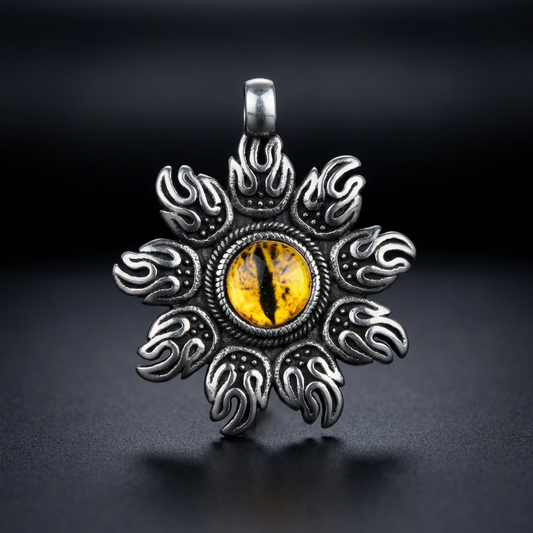 Dragon Eye Tribal Pendant, featuring a central dragon eye surrounded by intricate oxidized tribal patterns, made from 316L stainless steel.