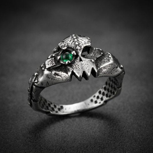 Stoic Red Eye Dragon Ring, 316L stainless steel, featuring a textured dragon head with a single green gemstone eye.