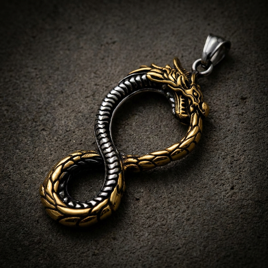Leviathan Dragon Pendant in 316L stainless steel, showcasing intricate scales and a fierce dragon design with an oxidized finish.