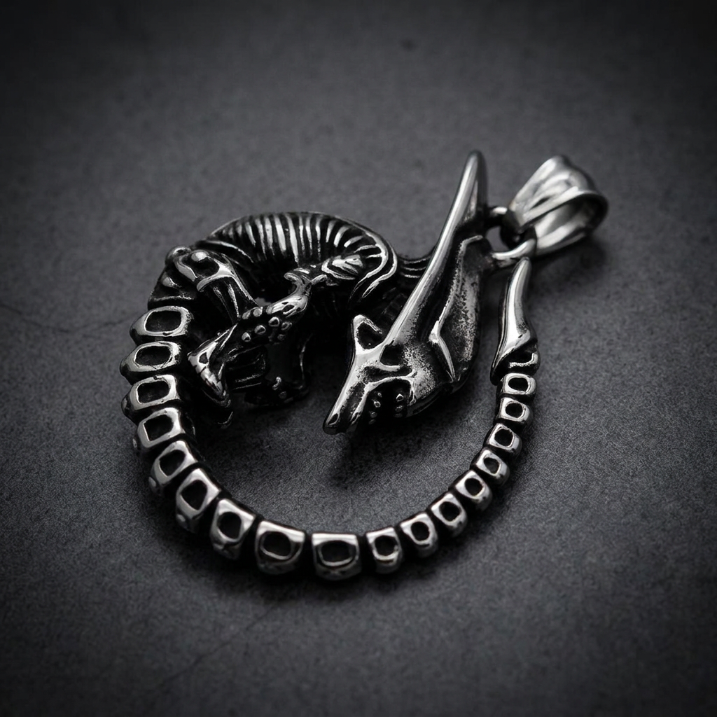 Detailed coiled dragon pendant made from polished 316L stainless steel with an oxidized silver finish, skeletal design visible.