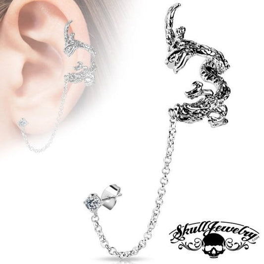 'Selene' Flying Dragon Ear Cuff w/ Chain Linked Clear Cubic Zirconia Stud Ear Rings