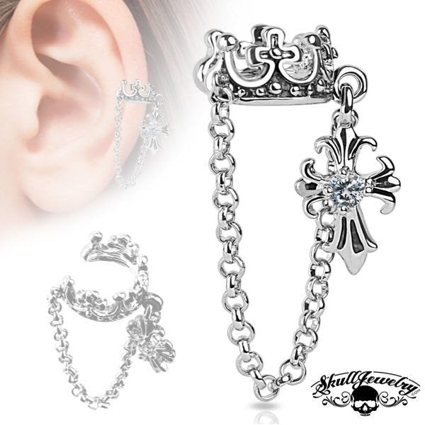 'Earth Angel' Crown w/ Chain and Clear Cubic Zirconia Set Cross Dangle Non-Piercing Ear Cuff