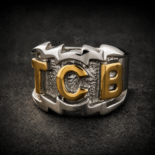 Elvis Inspired 'TCB' Ring, Two-Tone - 316L stainless steel unisex jewelry (R0583)