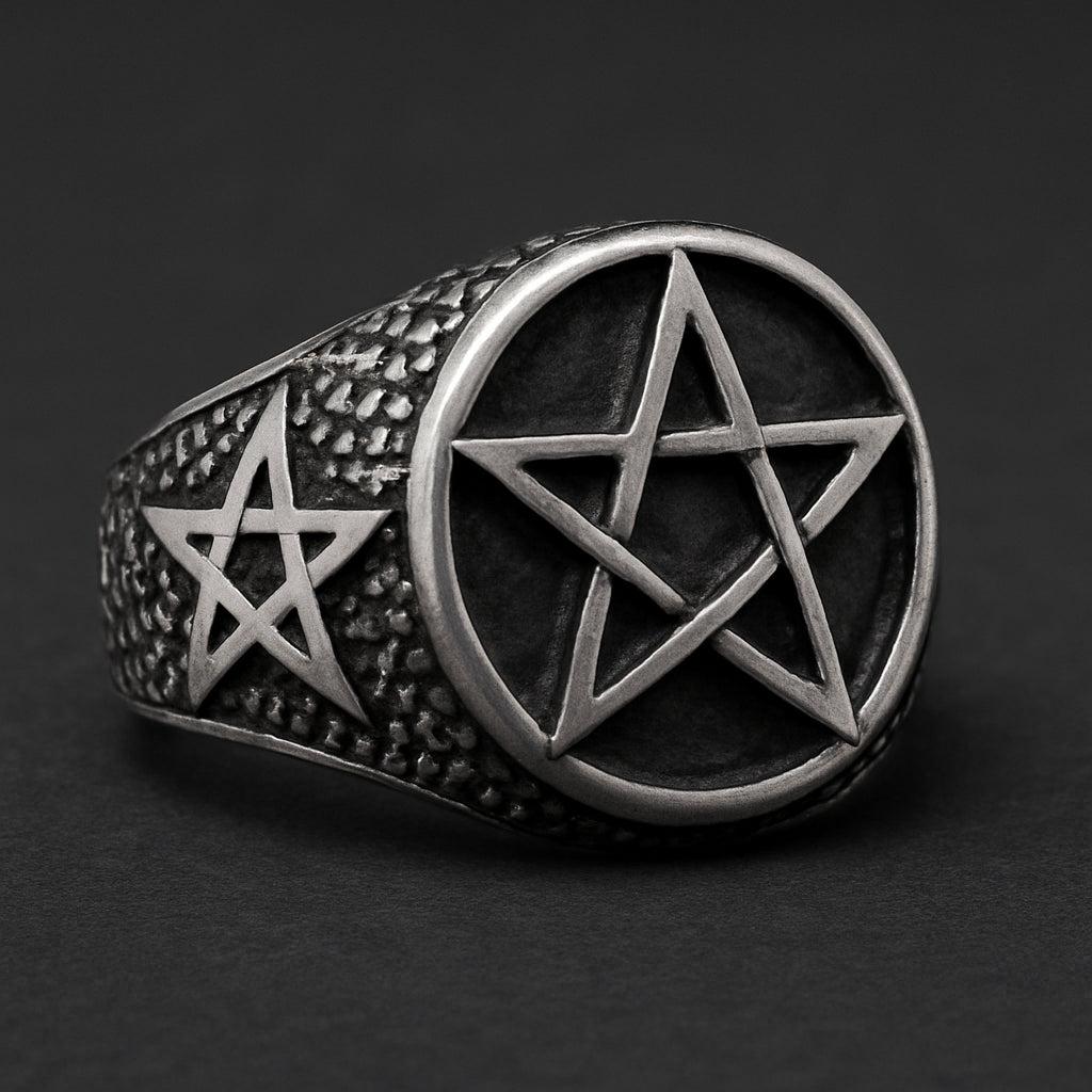 Black Magic Sigil Ring in 316L stainless steel with intricate design, reflecting power and mystique.