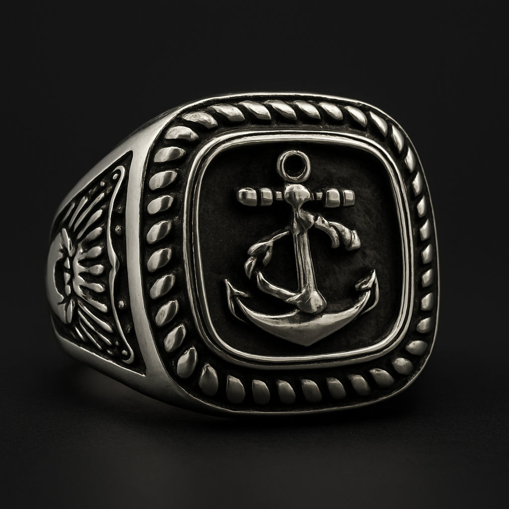 316L stainless steel ring with anchor design, nautical style, bold black and silver color.