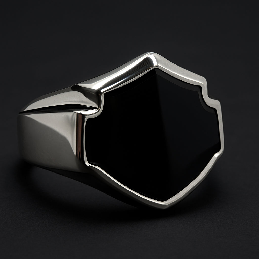 Onyx Shield Biker Ring in 316L stainless steel featuring a bold shield design with a black onyx inlay.