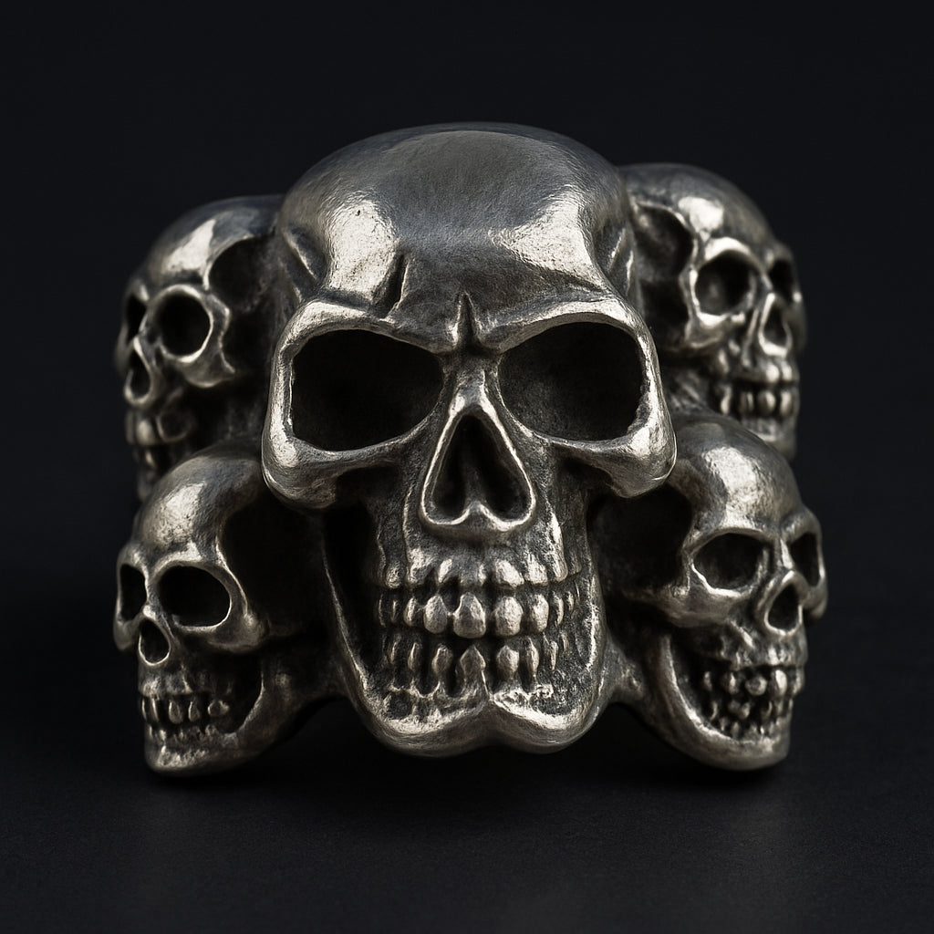 Hell's Legion Skull Annihilator Ring in 316L stainless steel with intricate skull designs, symbolizing power and rebellion.