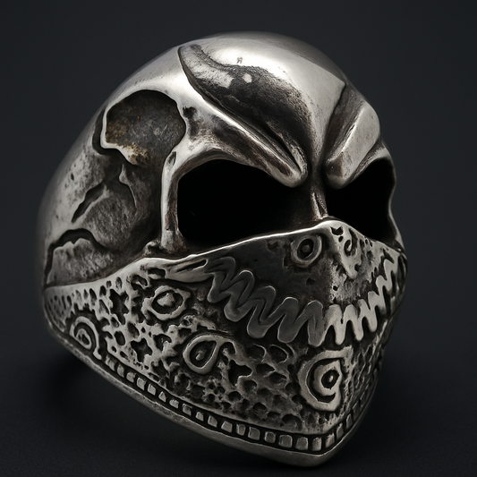 Stainless steel ring featuring a detailed skull adorned with a bandana, showcasing intricate design in silver and black.