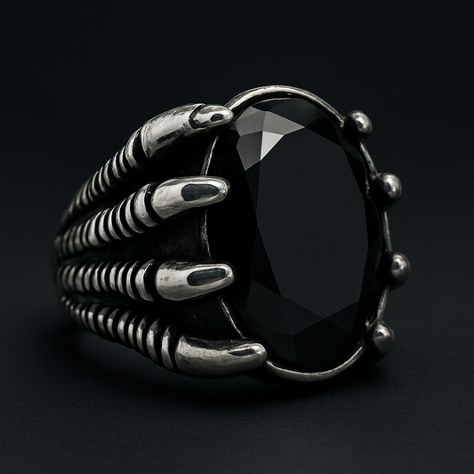 Stainless steel ring with a claw design and onyx stone from SkullJewelry.com.