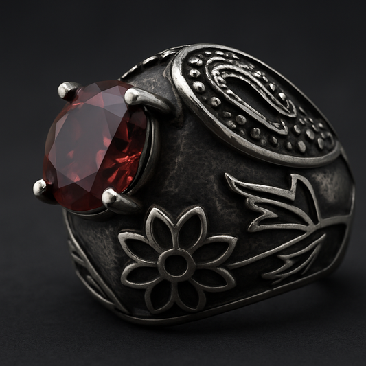 Vampire’s Secret Ring featuring a deep crimson stone and sleek 316L stainless steel design, embodying mystery and elegance.