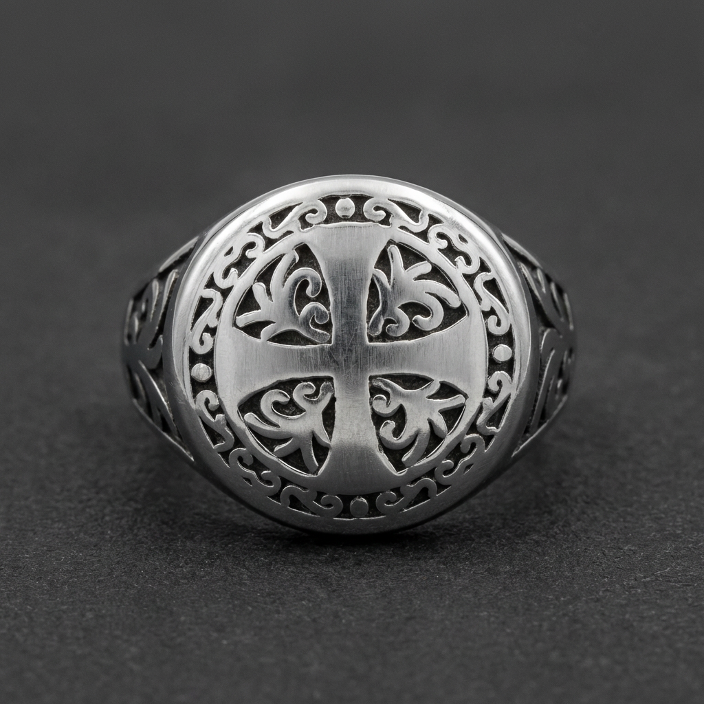 Shadow Crest Ring design with intricate patterns and bold cross motif in 316L stainless steel.