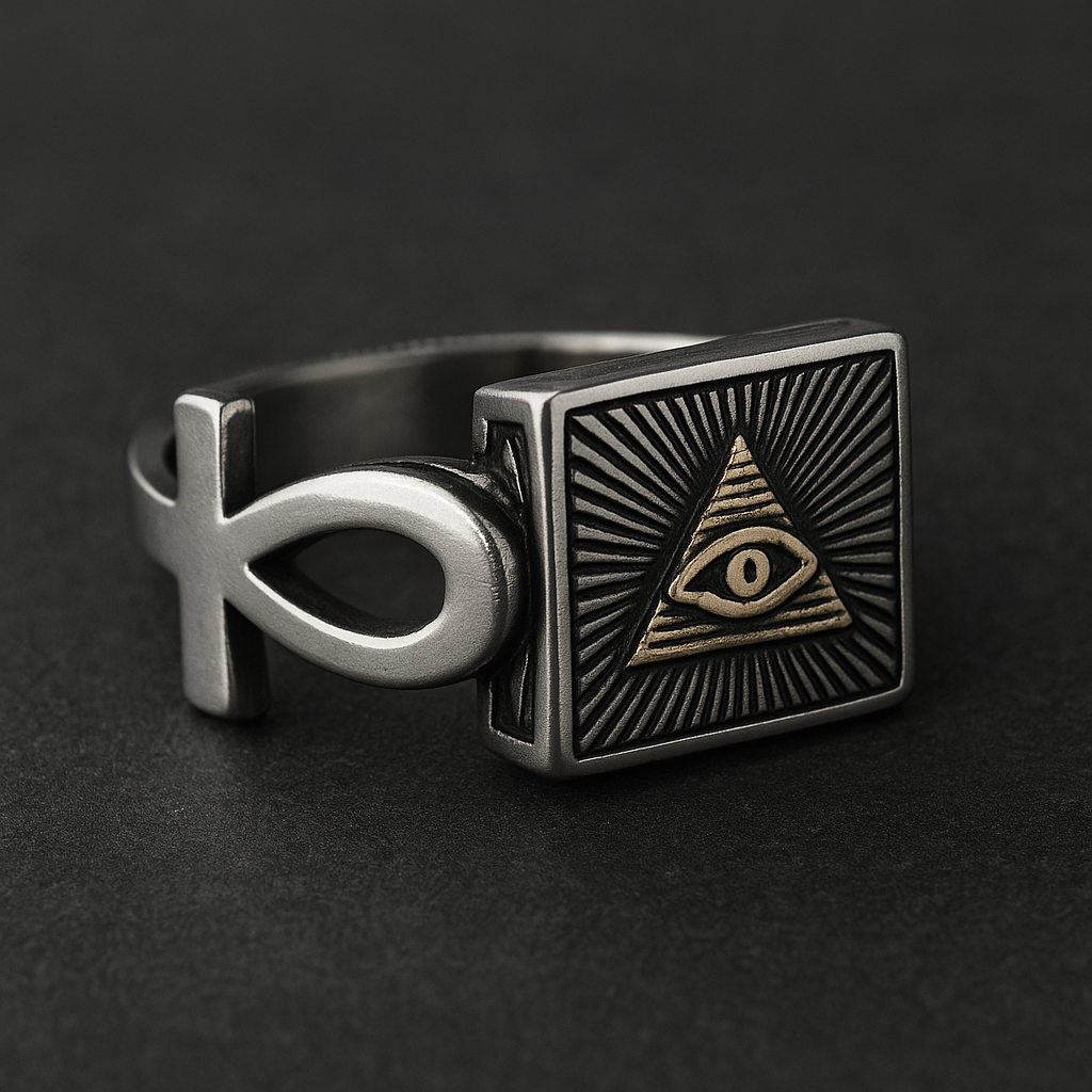 Phantom All-Seeing Ring featuring a golden eye and infinity design in 316L stainless steel.