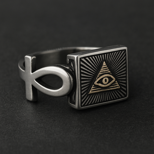Phantom All-Seeing Ring featuring a golden eye and infinity design in 316L stainless steel.