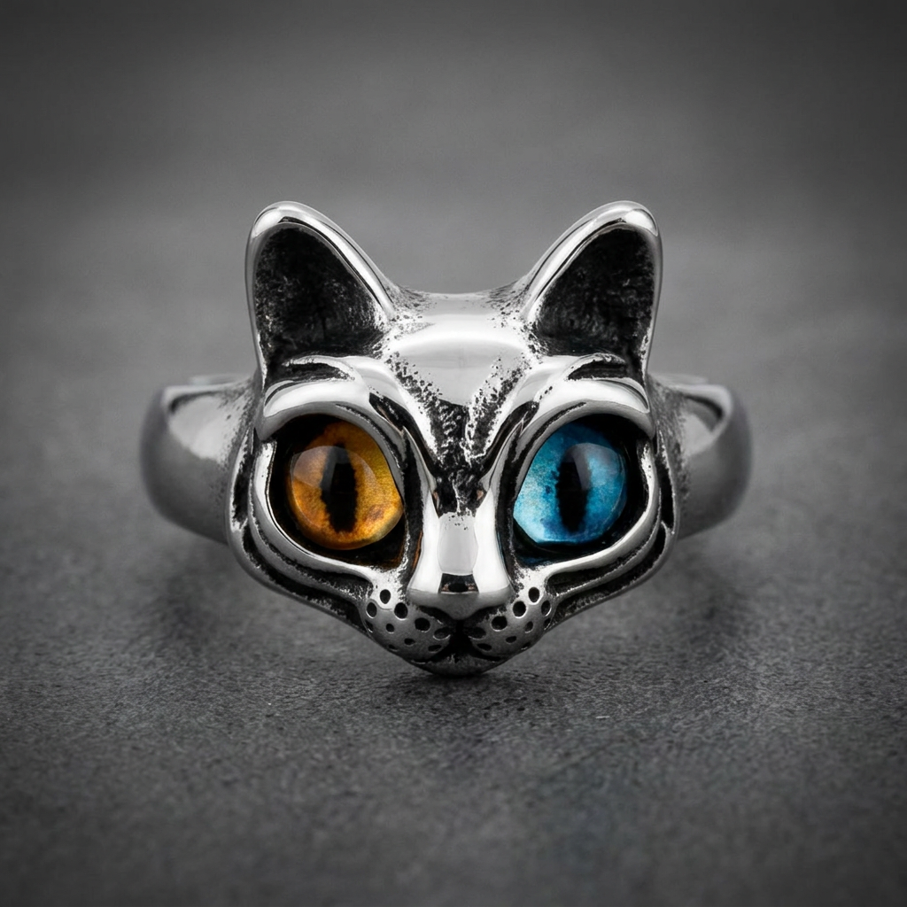 Heavy 316L stainless steel cat head ring with one orange eye and one blue eye, high polish finish.