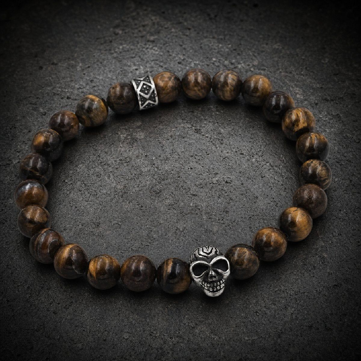 Fierce Gaze Skull — Natural Tiger's Eye Warrior Bracelet w/ 4"