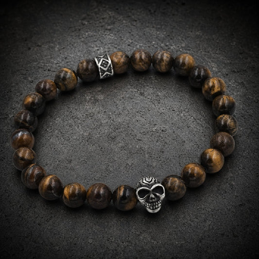 Fierce Gaze Skull — Natural Tiger's Eye Warrior Bracelet w/ 4"