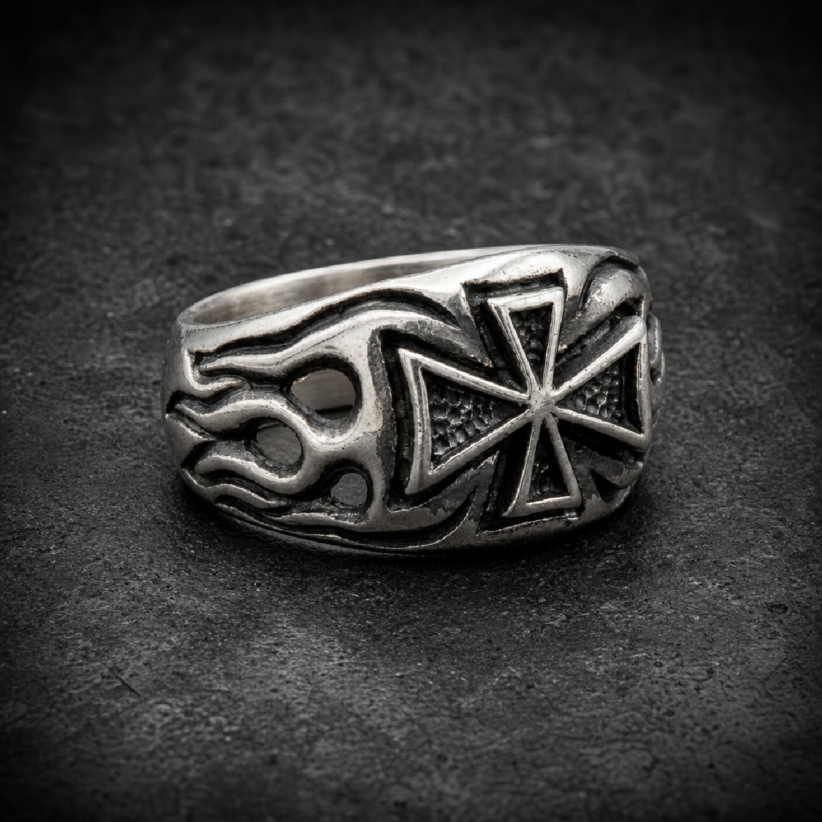 Fire & Brimstone Cross and Flames Ring - 316L stainless steel unisex jewelry (R0342)