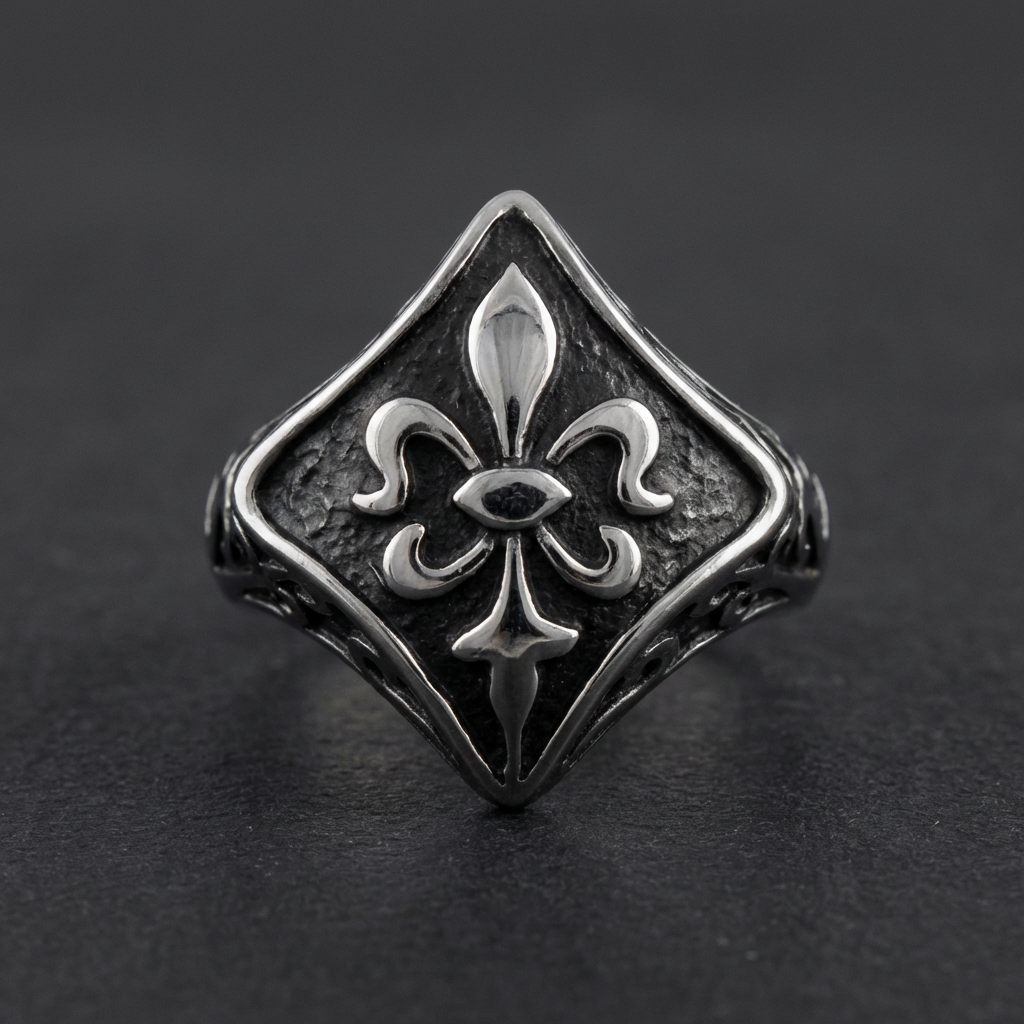 The Dark Bloom Ring, 316L stainless steel ring with oxidized fleur-de-lis motif, gothic design against a dark plain background.