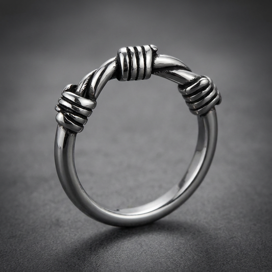Heavy-duty 316L stainless steel braided band ring with ribbed accents, bright polished finish