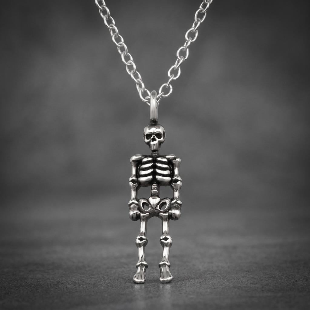 Silver 316L stainless steel flexed skeleton pendant hanging on a matching chain against a dark background.