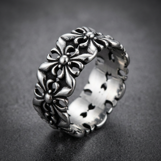 Heavy-duty 316L stainless steel floral bloom ring, dark oxidized finish, HardKnocker style.