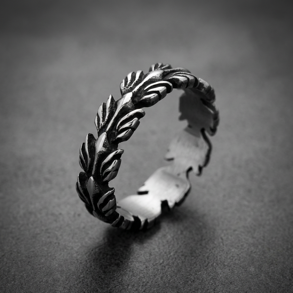 Heavy 316L stainless steel ring with intricate foliage design, dark oxidized recesses and polished edges.