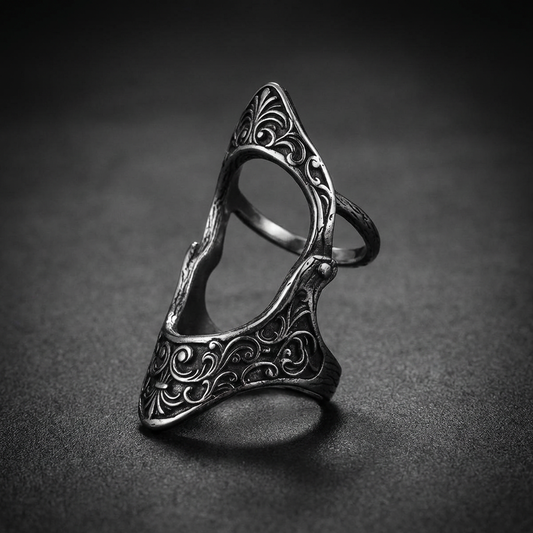 Valkyrie Hinge Ring made of 316L stainless steel, a full-finger hinged design with intricate details, worn on a hand.