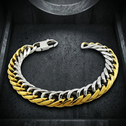 Gilded Serpent Chain — Two-Tone Figaro 2" Bracelet · 63 grams