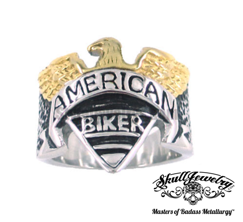 gold american biker ring with eagle