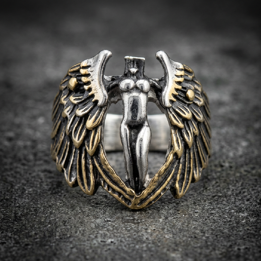 Gold Dust Woman - Gold and Stainless Lady & Wings Ring - 316L stainless steel unisex jewelry (R0655)