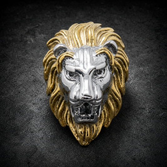 Gold/Silver 'King Leonidas' the Lion - Big, Bold & Heavy Ring (277Two-Tone) - 316L stainless steel unisex jewelry (R0499)