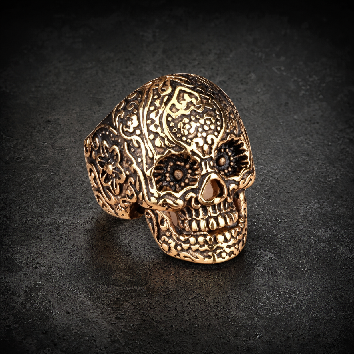 Gold Tone All Saints’ Day Vintage Flower Skull Ring – A Tribute to Life & Legacy - 316L stainless steel unisex jewelry (R0…